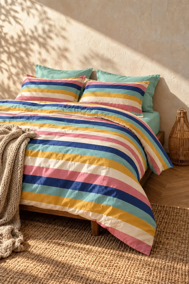 Pastel Çizgili Nevresim Takımı, Mint Çarşaflı