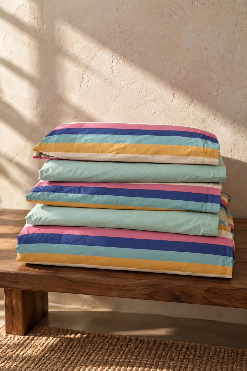 Pastel Çizgili Nevresim Takımı, Mint Çarşaflı, katlanmış takım parçaları