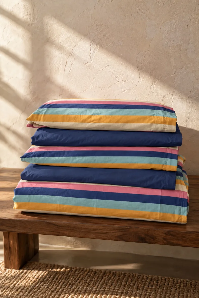 Pastel Çizgili Nevresim Takımı, Lacivert Çarşaflı, katlanmış takım parçaları