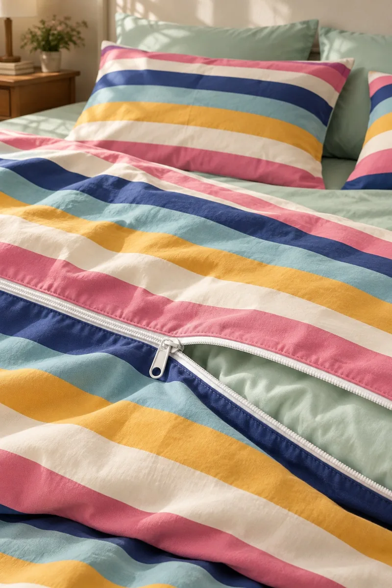 Pastel Çizgili Nevresim Takımı, Mint Çarşaflı, nevresim kenarı yakından