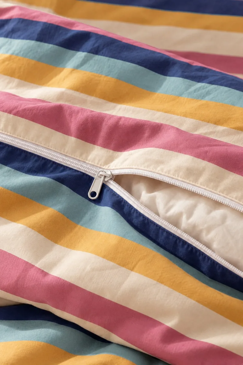 Pastel Çizgili Nevresim Takımı, Krem Çarşaflı, nevresim kenarı yakından