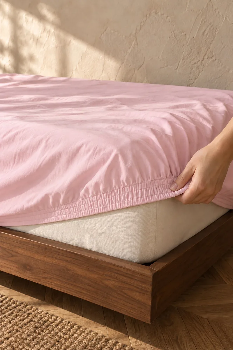 Pembe Beyaz Çizgili Nevresim Takımı, Lastikli Çarşaflı, lastikli çarşaf köşesi