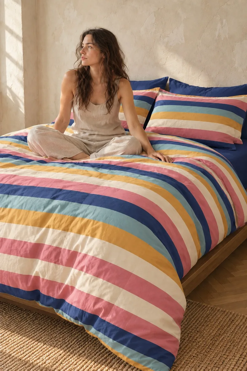Pastel Çizgili Nevresim Takımı, Lacivert Çarşaflı, yatakta kullanımda