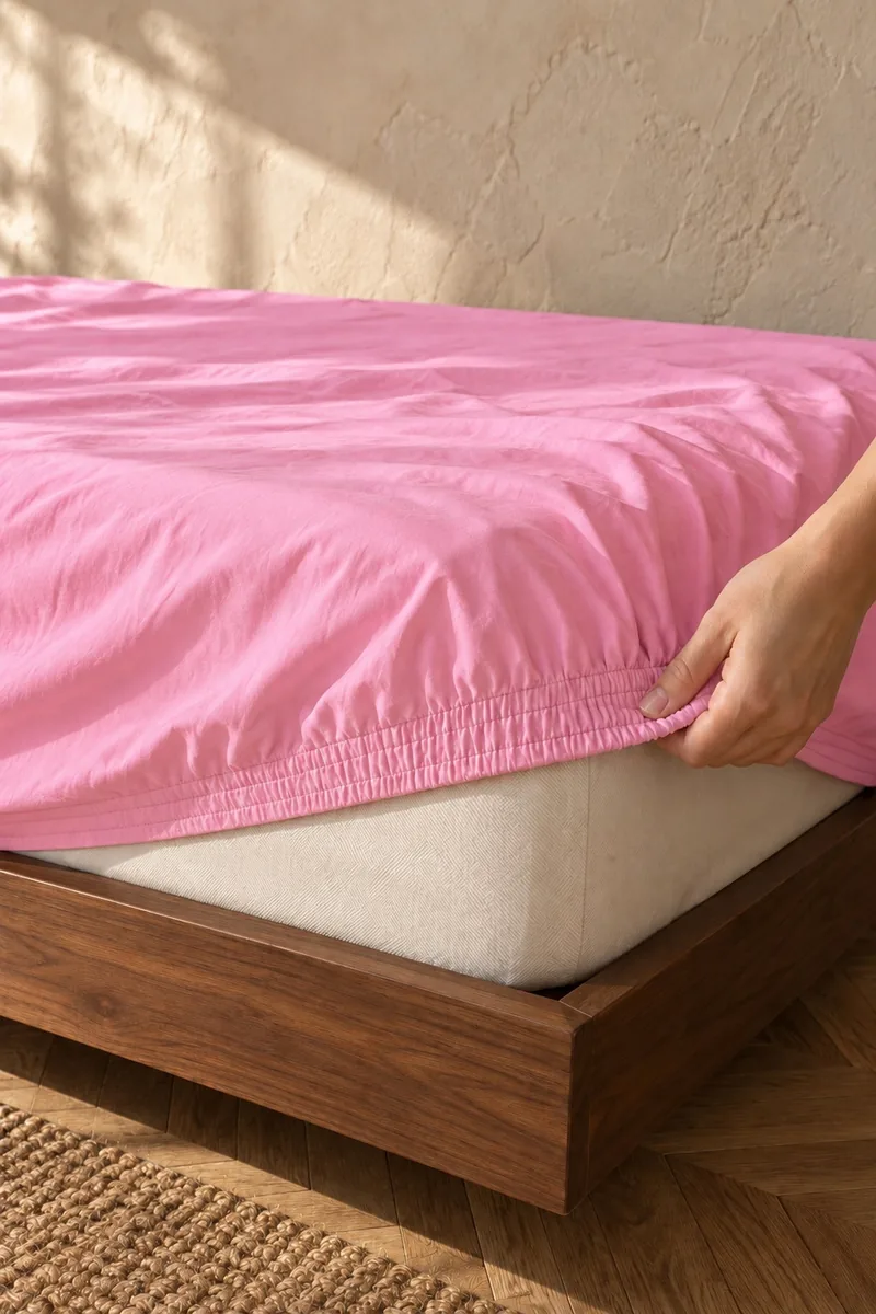 Pembe Puantiyeli Nevresim Takımı, Lastikli Çarşaflı, lastikli çarşaf köşesi