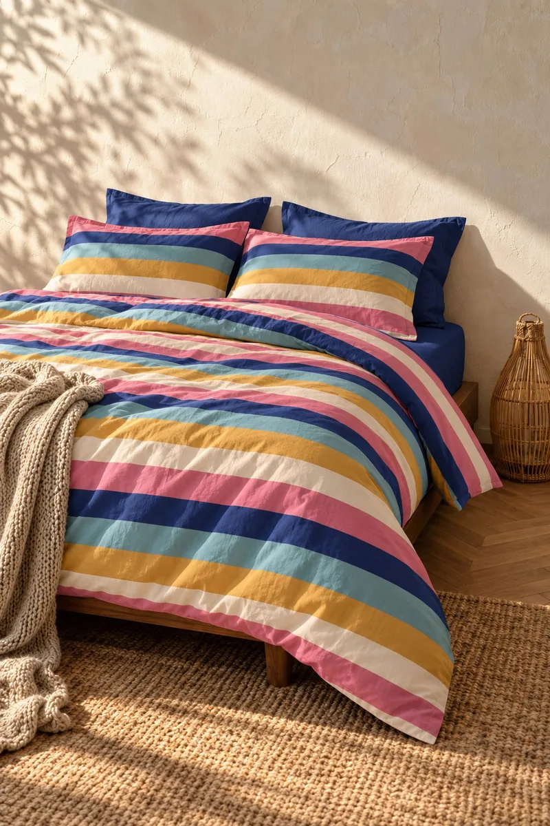 Pastel Çizgili Nevresim Takımı, Lacivert Çarşaflı
