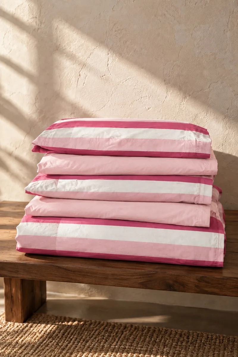 Pembe Beyaz Çizgili Nevresim Takımı, Lastikli Çarşaflı, katlanmış takım parçaları