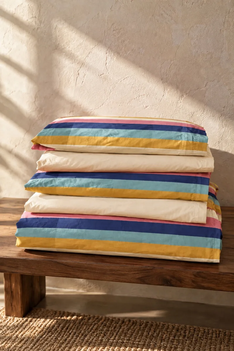 Pastel Çizgili Nevresim Takımı, Krem Çarşaflı, katlanmış takım parçaları